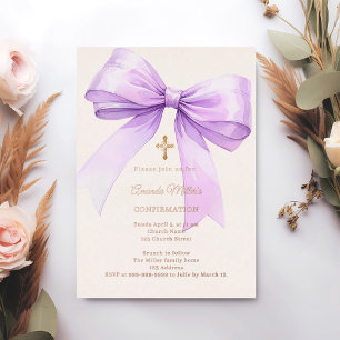 Invitation En Aluminium Ruban lavande crème fille Confirmation or rose