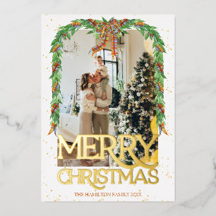Invitation En Aluminium Ruban orange tartan Photo papier doré Joyeux Noël
