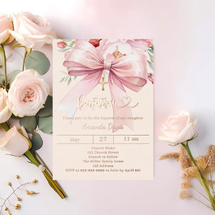 Invitation En Aluminium Ruban rose crème florales fille Baptême rose or