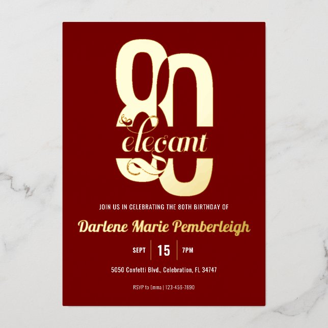 Invitation En Aluminium Ruby Red Eighty & Elegant 80th Birthday Gold (Recto)