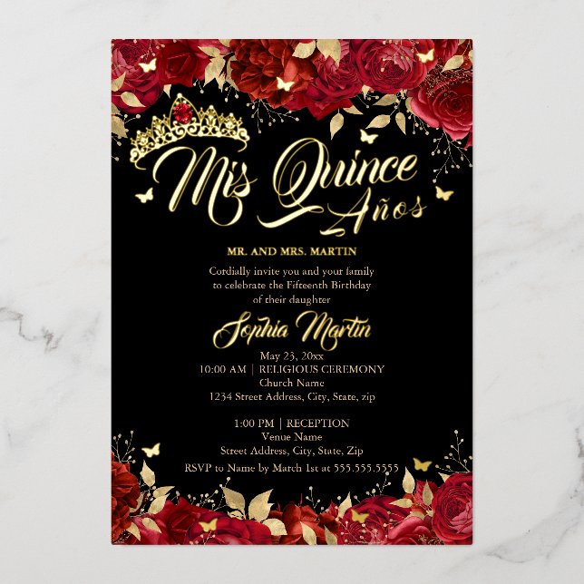 Invitation En Aluminium Ruby Red Gold Black Rose Mis Quince Quinceanera (Recto)