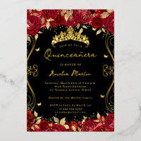 Ruby Red Gold Swirl Scroll Floral Quinceanera