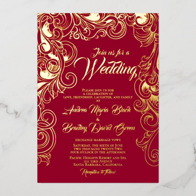 Invitation En Aluminium Ruby Red Real Gold Foil Abstrait Floral (Recto)