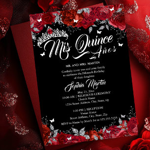 Invitation En Aluminium Ruby Rose Mis Quince Rouge Argent Noir Quinceanera
