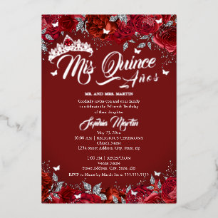 Invitation En Aluminium Ruby Rose Rouge Argent Mis Quince Quinceanera