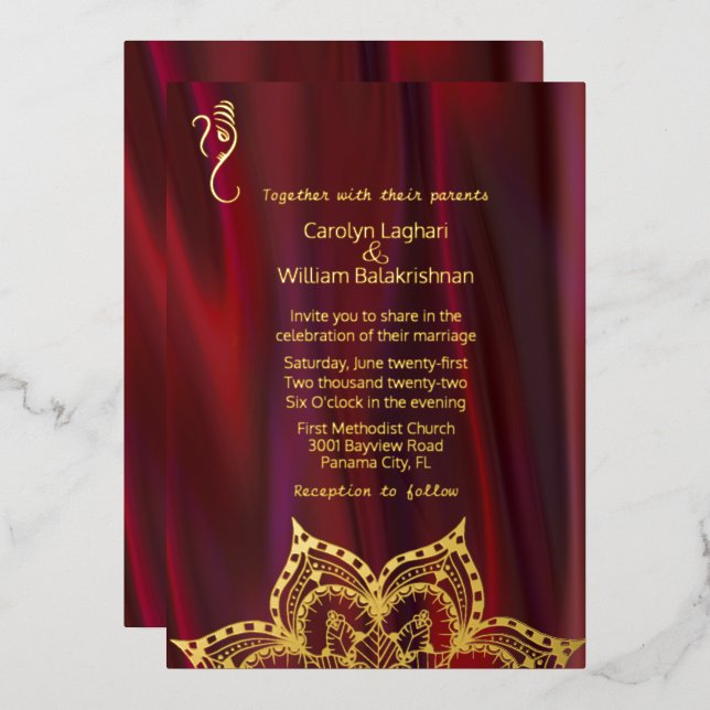 Invitation En Aluminium Ruby soie Look avec Mandala et Mariage Ganesha (Recto/Verso)
