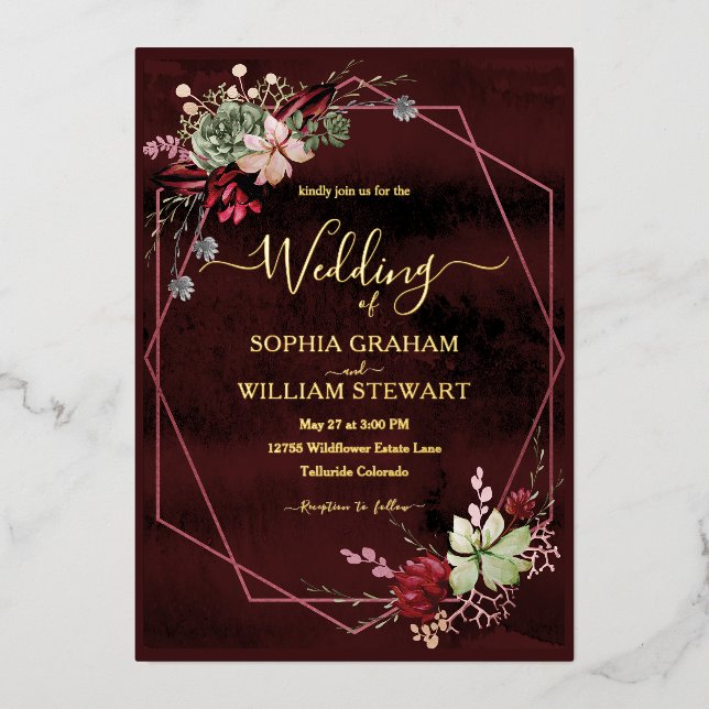 Invitation En Aluminium Russe Bourgogne Mariage de calligraphie aquarelle (Recto)