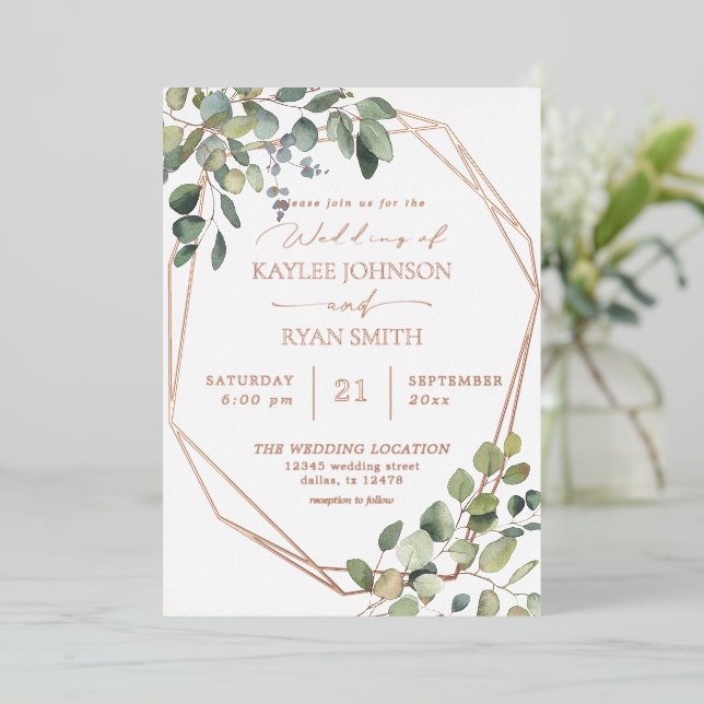Invitation En Aluminium Russe Eucalyptus & Gold Frame Mariage Full Real (Debout devant)