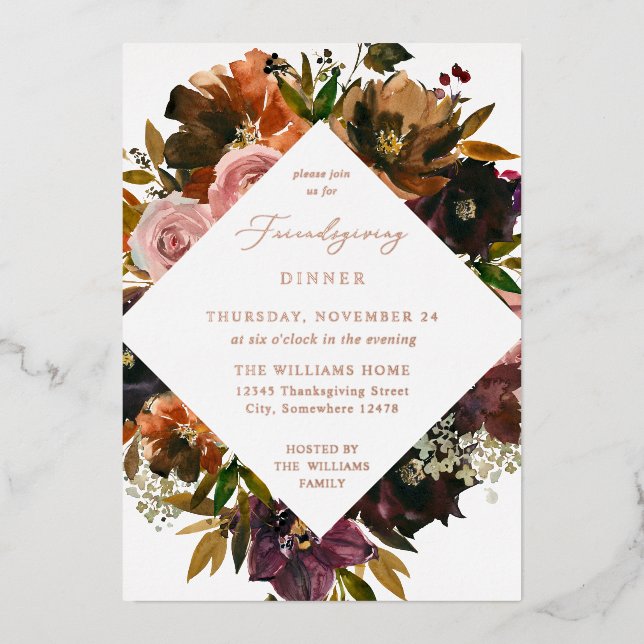 Invitation En Aluminium Russe Gold Fall Floral Friendsgiving (Recto)