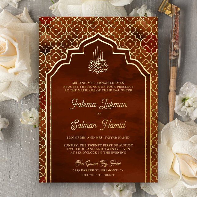 Invitation En Aluminium Rust Orange Marocain Arc Musulman Mariage Or (Créateur téléchargé)