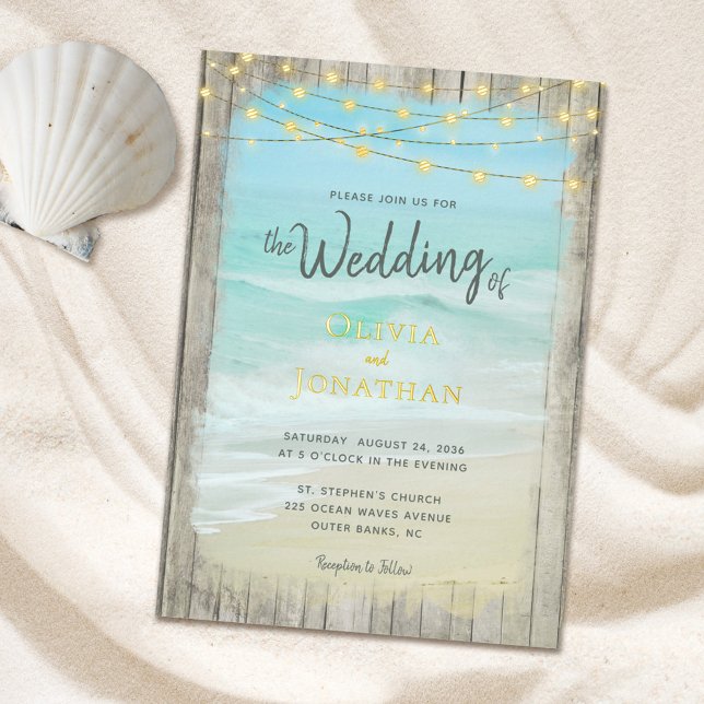 Invitation En Aluminium Rustic Beach String Lumières Gold Foil Mariage (Créateur téléchargé)