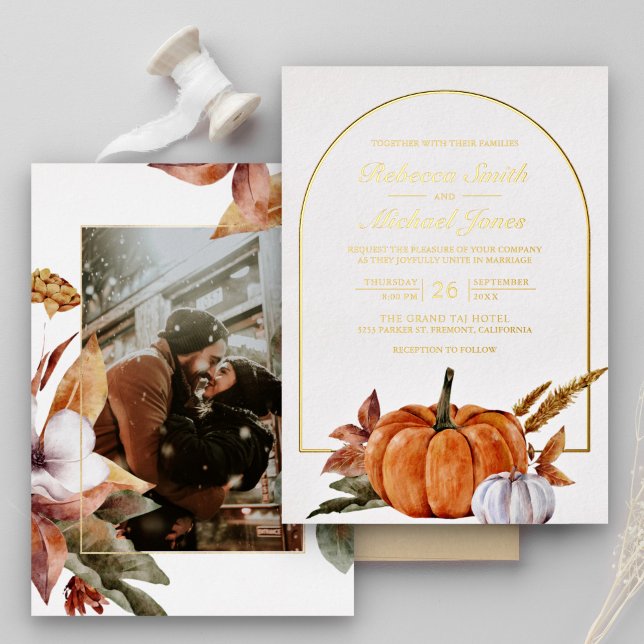 Invitation En Aluminium Rustic Boho Arch Citrouille Photo Mariage Gold (Créateur téléchargé)