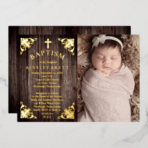 Invitation En Aluminium Rustic Country Wood Baby Girl Photo Baptême - Or