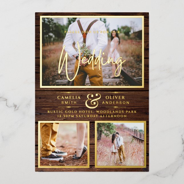 Invitation En Aluminium Rustic GOLD FOIL Photo Collage Mariage en bois (Recto)