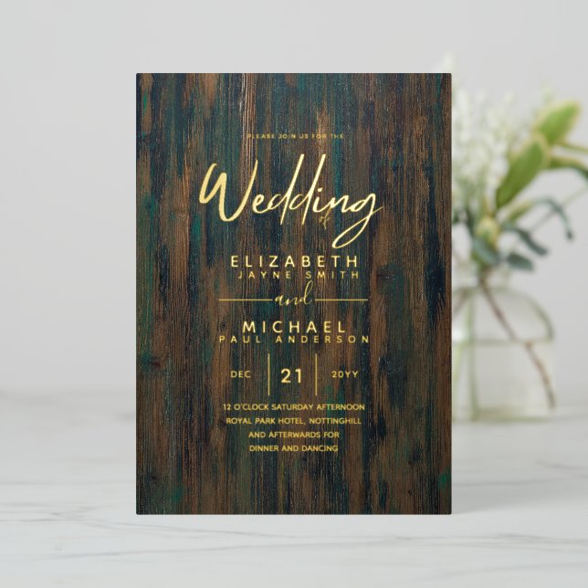 Invitation En Aluminium Rustic GOLD FOIL Texte Bois Look Mariage Élégant (Debout devant)