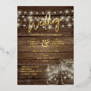 Invitation En Aluminium Rustic GOLD FOIL Texte Mason Jars Lumières Mariage