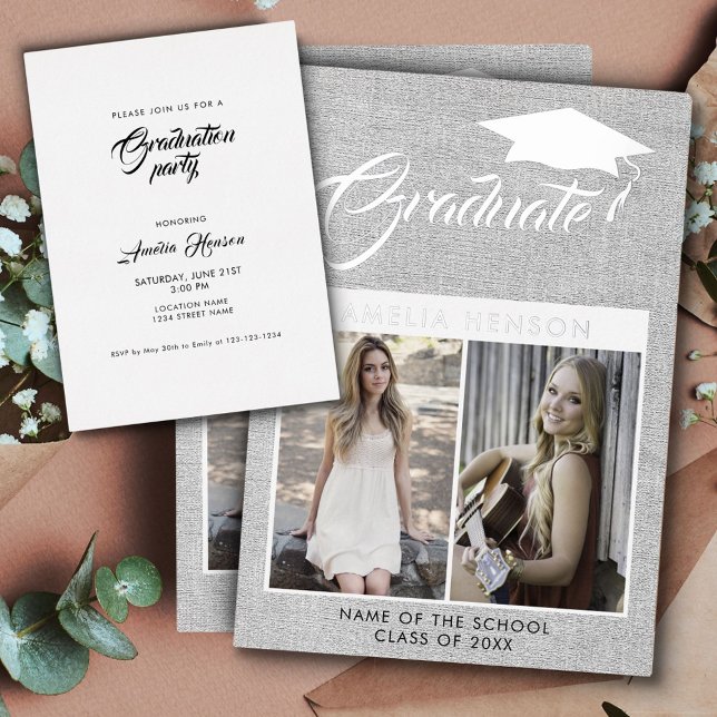 Invitation En Aluminium Rustic Grey Graduate 2 Photo Graduate Argent (Créateur téléchargé)
