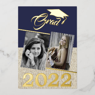 Invitation En Aluminium Rustic Navy Blue Graduate 2 Photo Graduate Gold