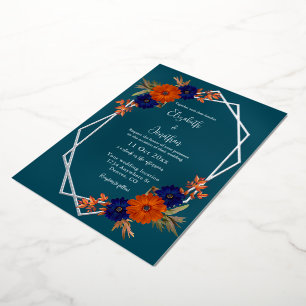 Invitation En Aluminium Rustique Automne Orange Navy Bleu Floral Mariage