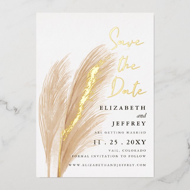 Invitation En Aluminium Rustique Boho Pampas Photo Enregistrer La Date (Recto)