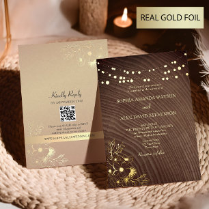 Invitation En Aluminium Rustique Bois Chaîne Lumière Mariage or QR Code