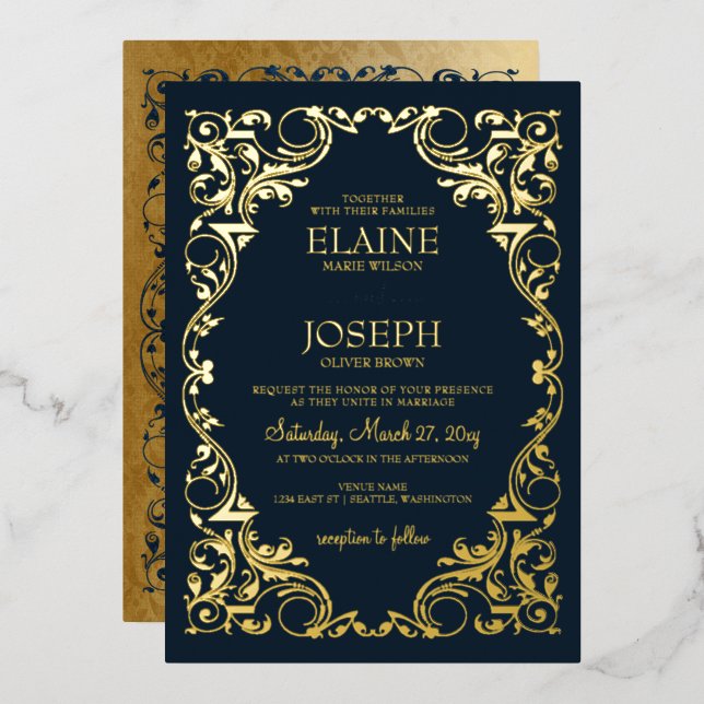 Invitation En Aluminium Rustique Elegant Marine et Mariage d'or (Recto/Verso)
