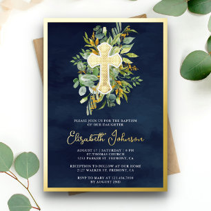 Invitation En Aluminium Rustique Eucalyptus Verdure Baptême Bleu Nuit Or
