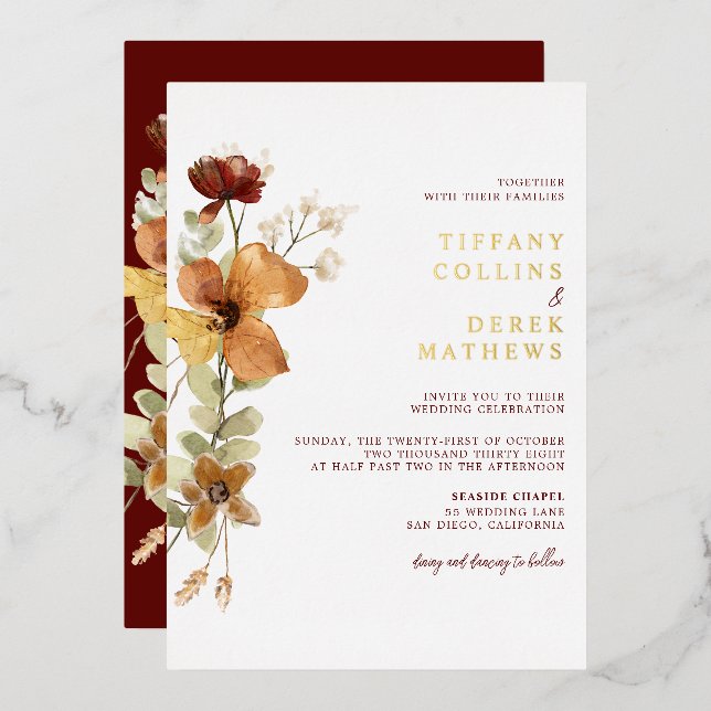 Invitation En Aluminium Rustique Floral Brûlé Orange Mariage de automne (Recto/Verso)
