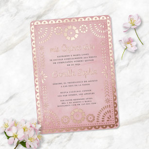 Invitation En Aluminium Rustique Papier Picado Rose Rose Or Quinceañera