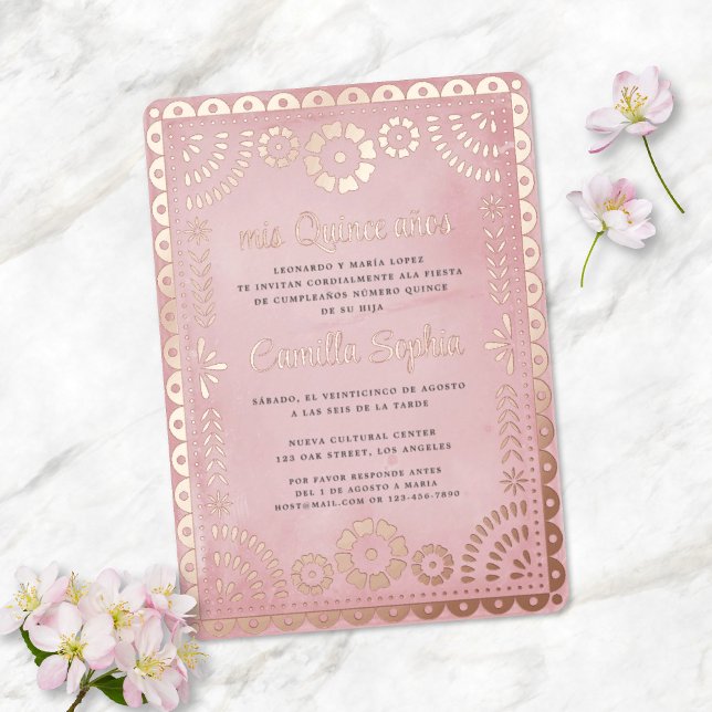 Invitation En Aluminium Rustique Papier Picado Rose Rose Or Quinceañera (Créateur téléchargé)