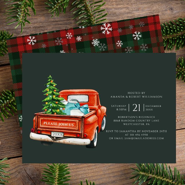 Invitation En Aluminium Rustique Plaid Noël Fête Argent (Classic Red Truck Christmas Party Invitation Silver Foil Card)