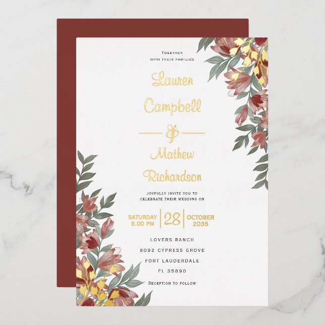 Invitation En Aluminium Rustique Terracotta Floral Real Mariage or (Recto/Verso)