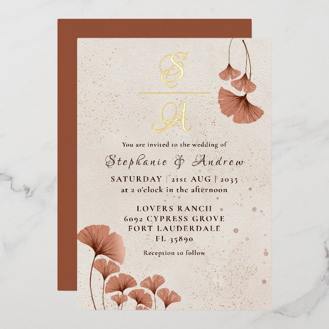 Invitation En Aluminium Rustique Terracotta & Real Gold Monogram Mariage (Recto/Verso)