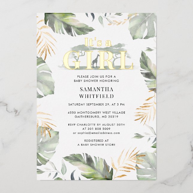 Invitation En Aluminium Safari dans la Jungle Fille Baby Shower Or (Recto)