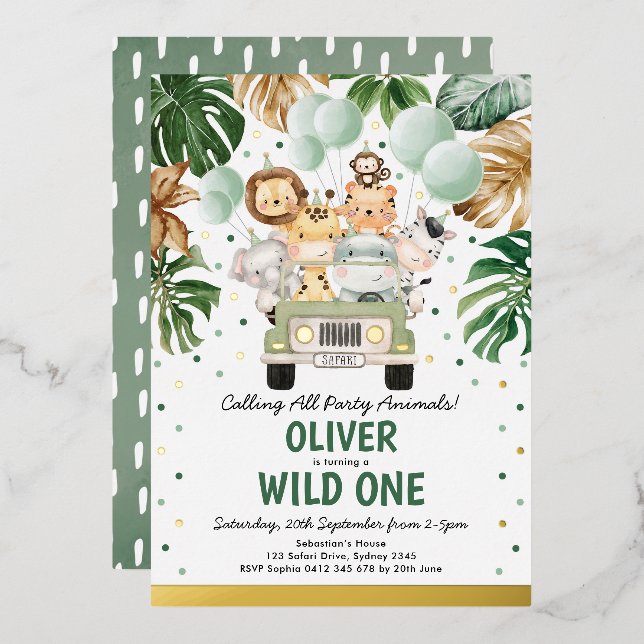 Invitation En Aluminium Safari Party Animaux Wild One Boy 1er Anniversaire (Recto/Verso)