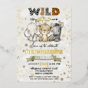 Invitation En Aluminium Safari Wild One Fête d'anniversaire Or véritable F