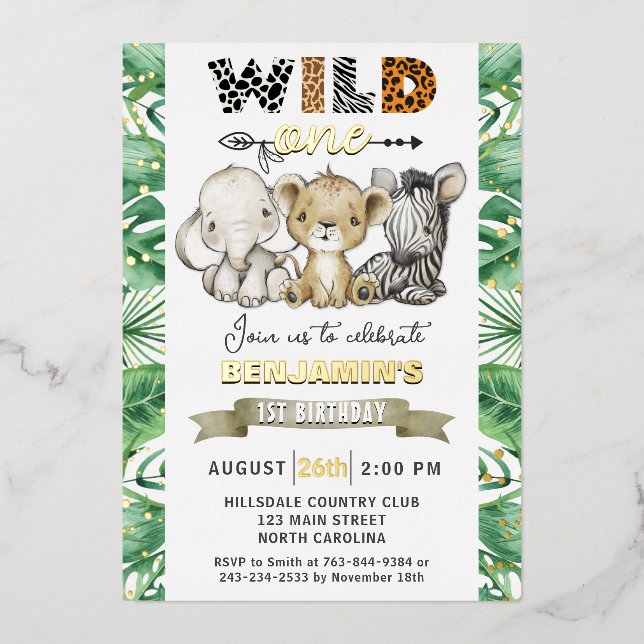 Invitation En Aluminium Safari Wild Un Anniversaire Party Real Gold Foil I (Recto)