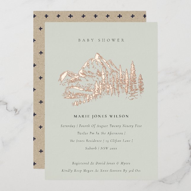 Invitation En Aluminium Saga Green Rose Gold Mountain Pine Baby shower (Recto/Verso)