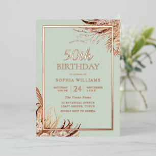 Invitation En Aluminium Sage Green Boho 50e Fête d'Anniversaire Véritable 