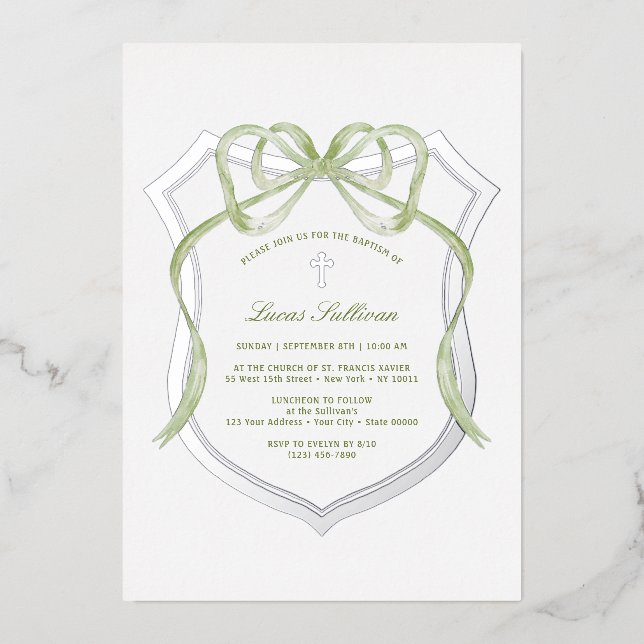 Invitation En Aluminium Sage Green Bow Silver Crest Baptisme (Recto)