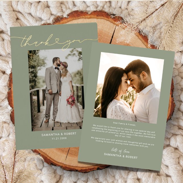 Invitation En Aluminium Sage Green Coeur Script Mariage Photo Merci (Créateur téléchargé)