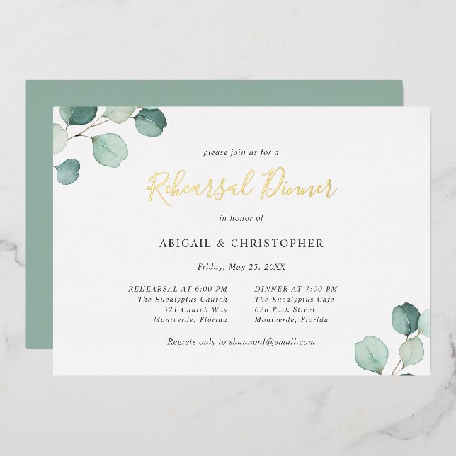 Invitation En Aluminium Sage Green Dîner de répétition Eucalyptus Gold (Recto/Verso)