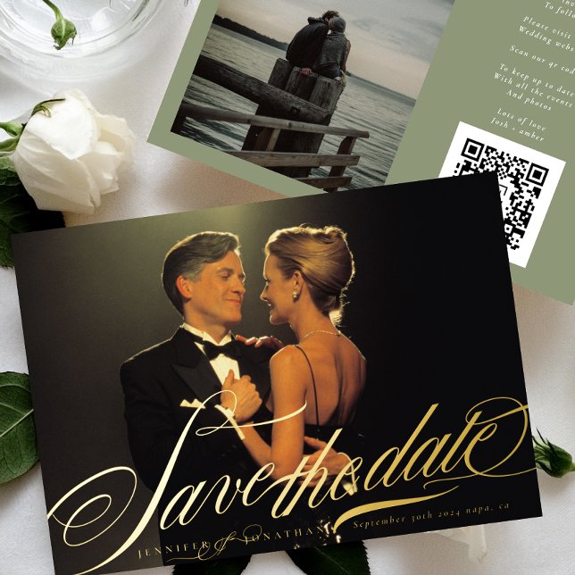Invitation En Aluminium Sage Green Elegant Gold Calligraphie QR Code Photo (Créateur téléchargé)