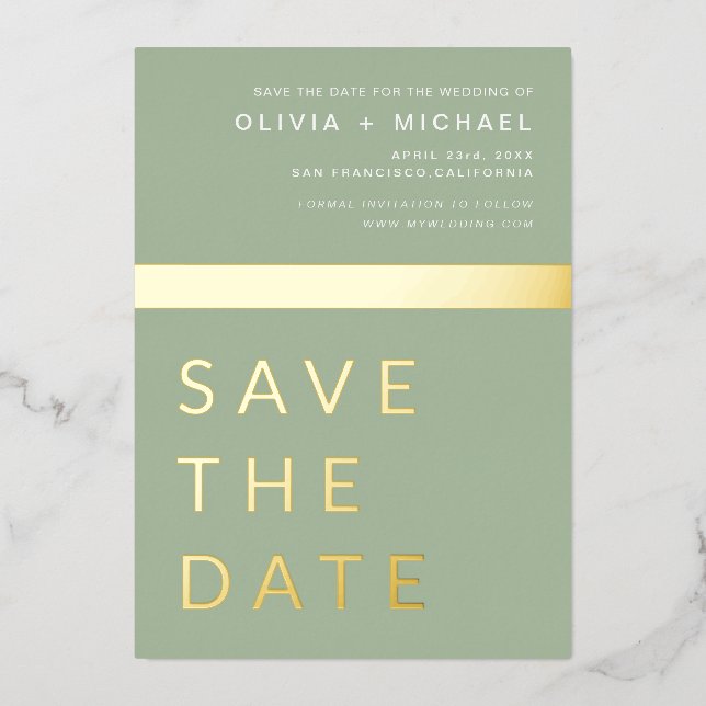 Invitation En Aluminium Sage Green Enregistrer la date Elegant Gold (Recto)