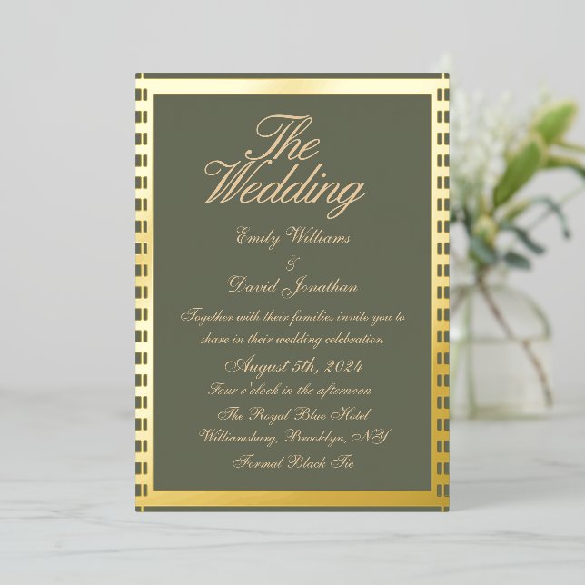 Invitation En Aluminium Sage Green et Golden Classic Mariage (Debout devant)