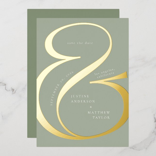 Invitation En Aluminium Sage Green Gold Ampersand Typographie Enregistrer  (Recto/Verso)