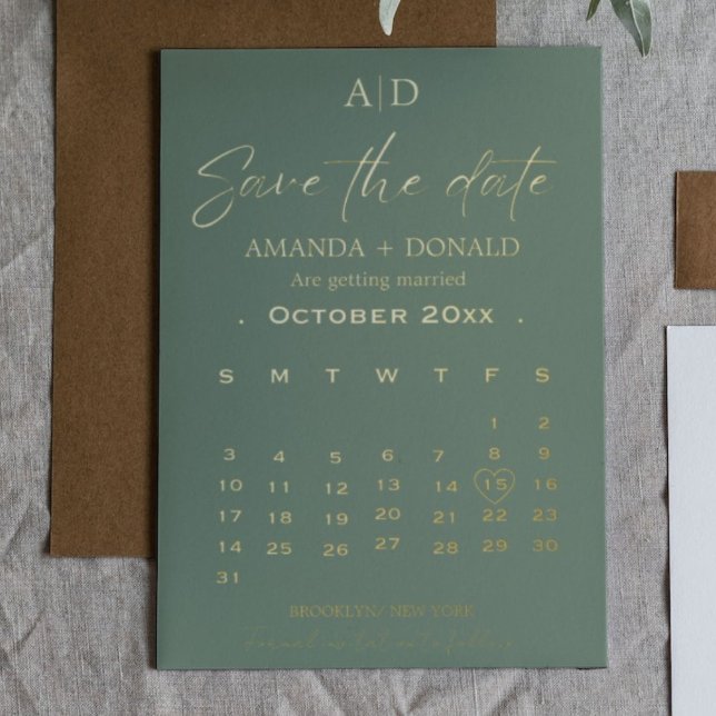 Invitation En Aluminium Sage Green Gold Calendrier Mariage Enregistrer la  (Créateur téléchargé)