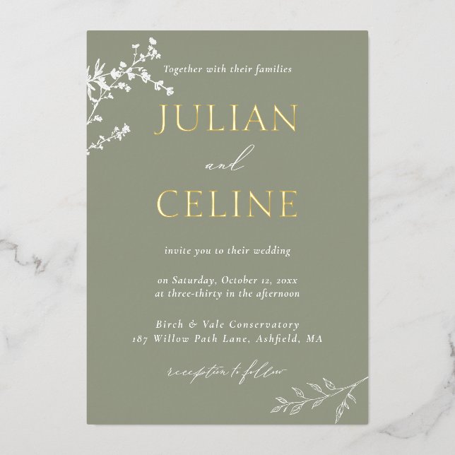 Invitation En Aluminium Sage Green Gold Whimsical White Green Mariage (Recto)