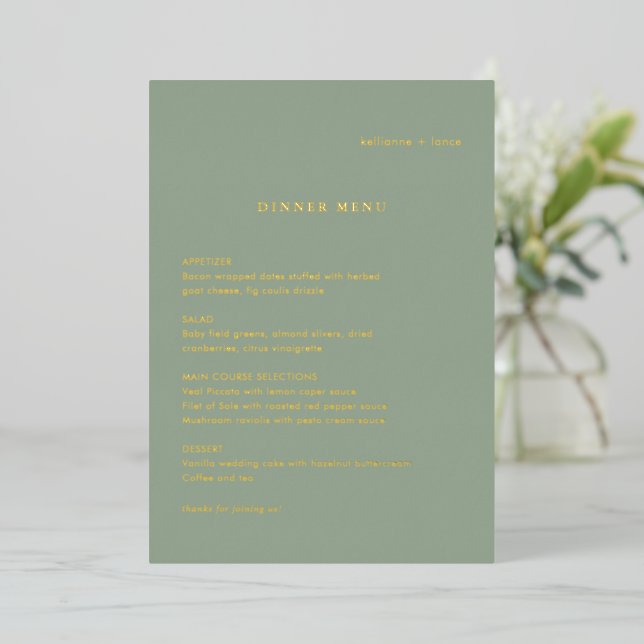 Invitation En Aluminium Sage Green Simple Modern Wedding Foil Menu (Debout devant)