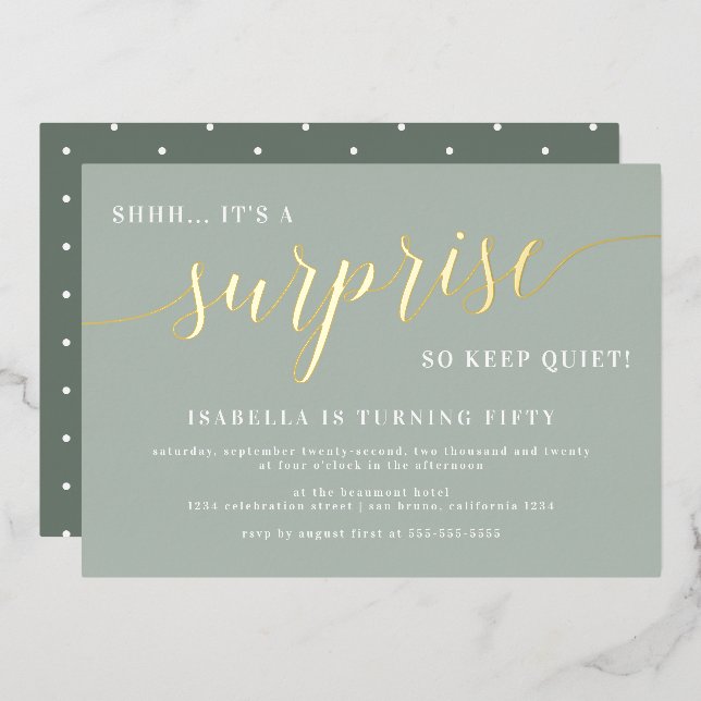 Invitation En Aluminium Sage moderne & Gold Script Surprise fête d'anniver (Recto/Verso)